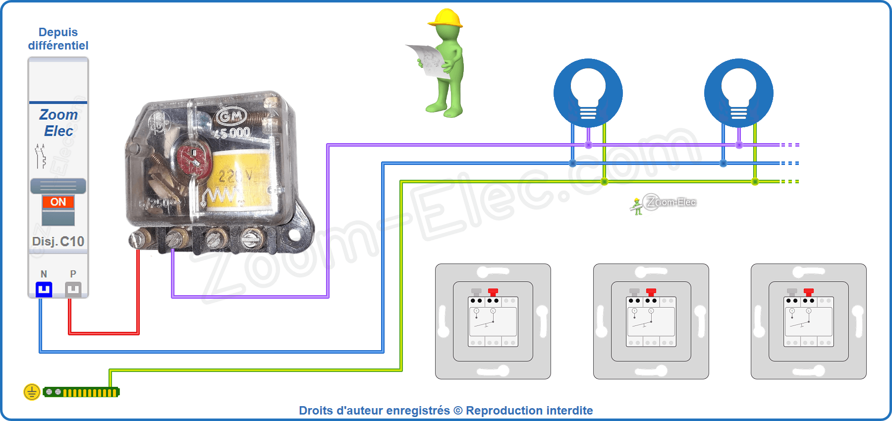 Installation et raccordement du circuit de puissance de l'ancien modèle de télérupteur GM encastrable ou de boite de dérivation Installation et raccordement du circuit de puissance de l'ancien modèle de télérupteur GM ou Gerard Mang 45000