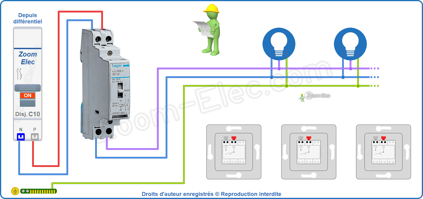 Installation et raccordement du circuit de puissance de l'ancien modèle de télérupteur Hager Installation et raccordement du circuit de puissance de l'ancien modèle de télérupteur bipolaire Hager E220