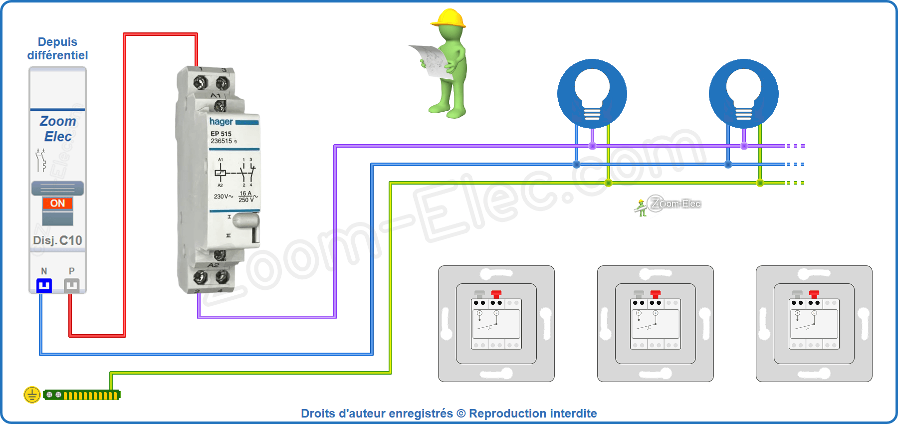 Installation et raccordement du circuit de puissance de l'ancien modèle de télérupteur Hager Installation et raccordement du circuit de puissance de l'ancien modèle de télérupteur unipolaire Hager EP515