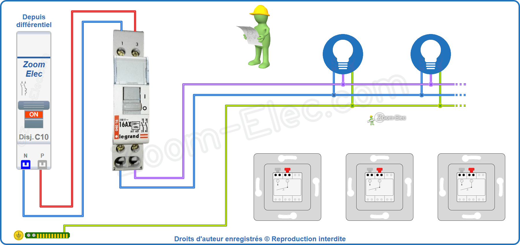 Installation et raccordement du circuit de puissance de l'ancien modèle de télérupteur bipolaire Legrand Installation et raccordement du circuit de puissance de l'ancien modèle de télérupteur Legrand 04016