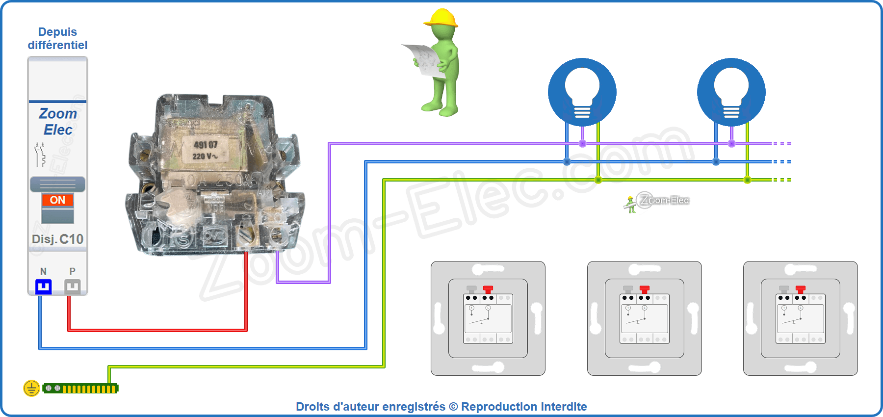 Installation et raccordement du circuit de puissance de l'ancien modèle de télérupteur Legrand encastrable ou de boite de dérivation Installation et raccordement du circuit de puissance de l'ancien modèle de télérupteur Legrand 49107