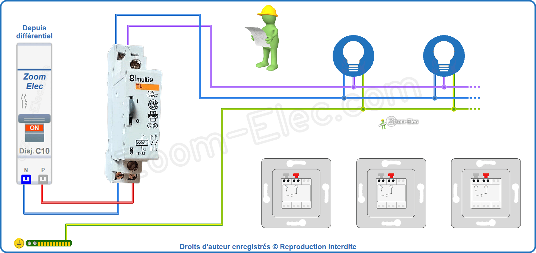 Installation et raccordement du circuit de puissance de l'ancien modèle de télérupteur Merlin Gerin Multi9 15432