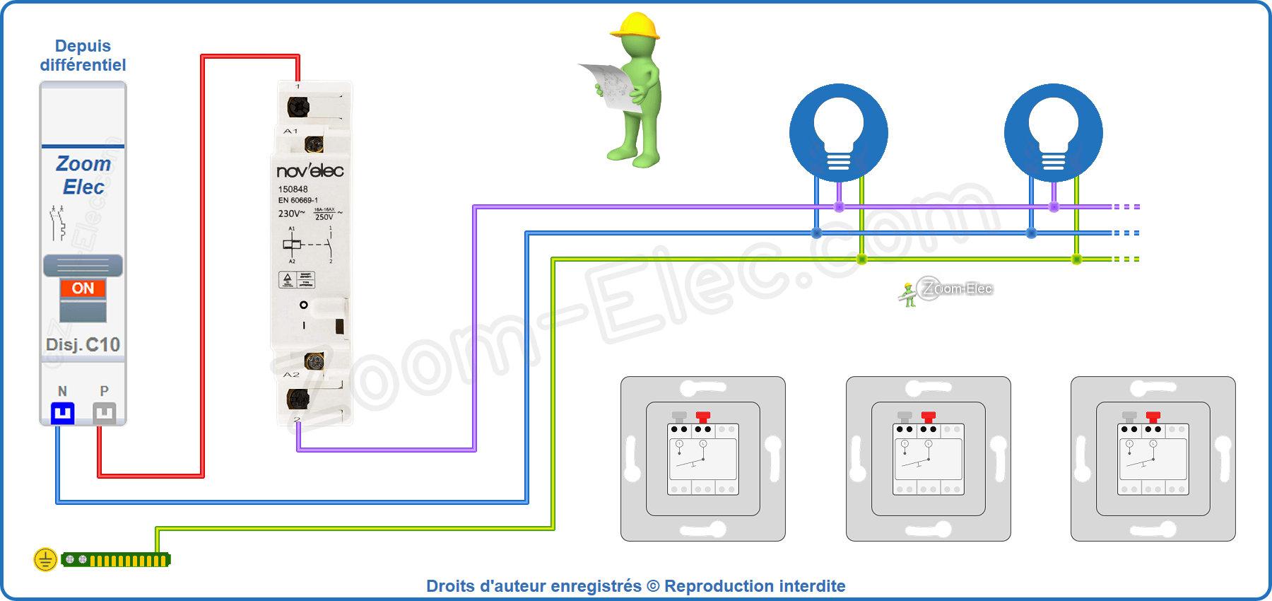 Installation et raccordement du circuit de puissance du télérupteur Novelec Installation et raccordement du circuit de puissance du télérupteur unipolaire Novelec 150848