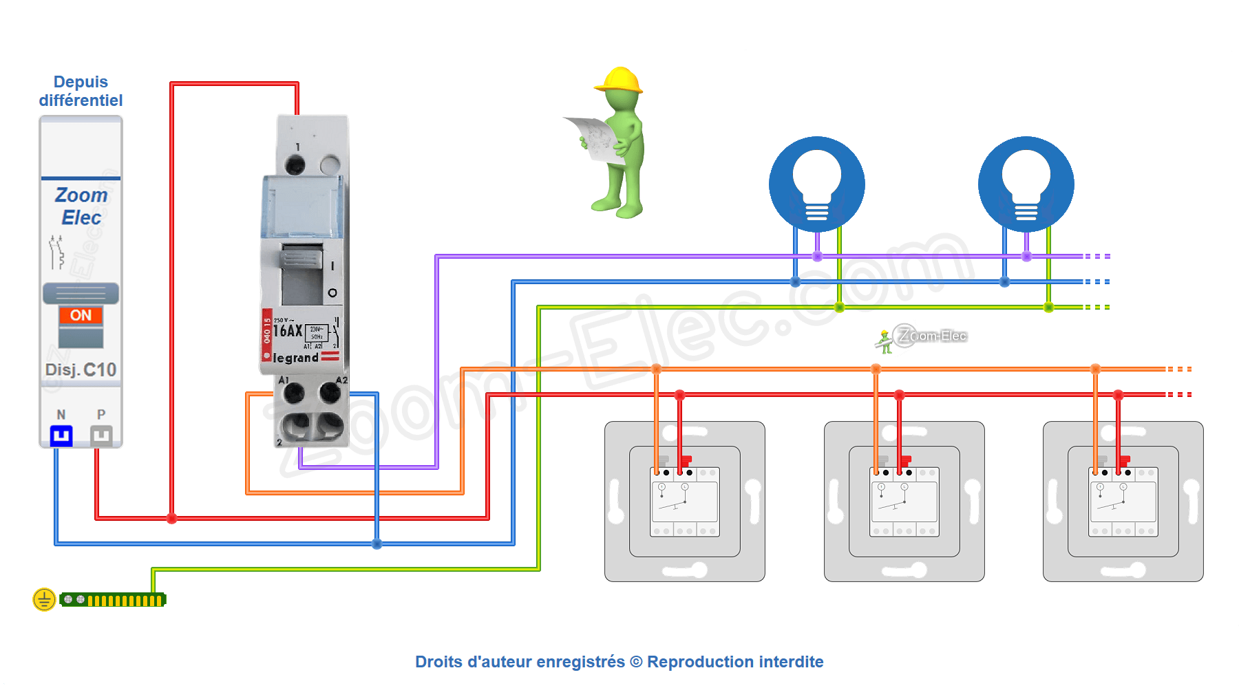 Schéma de câblage et branchement du télérupteur Legrand 04015