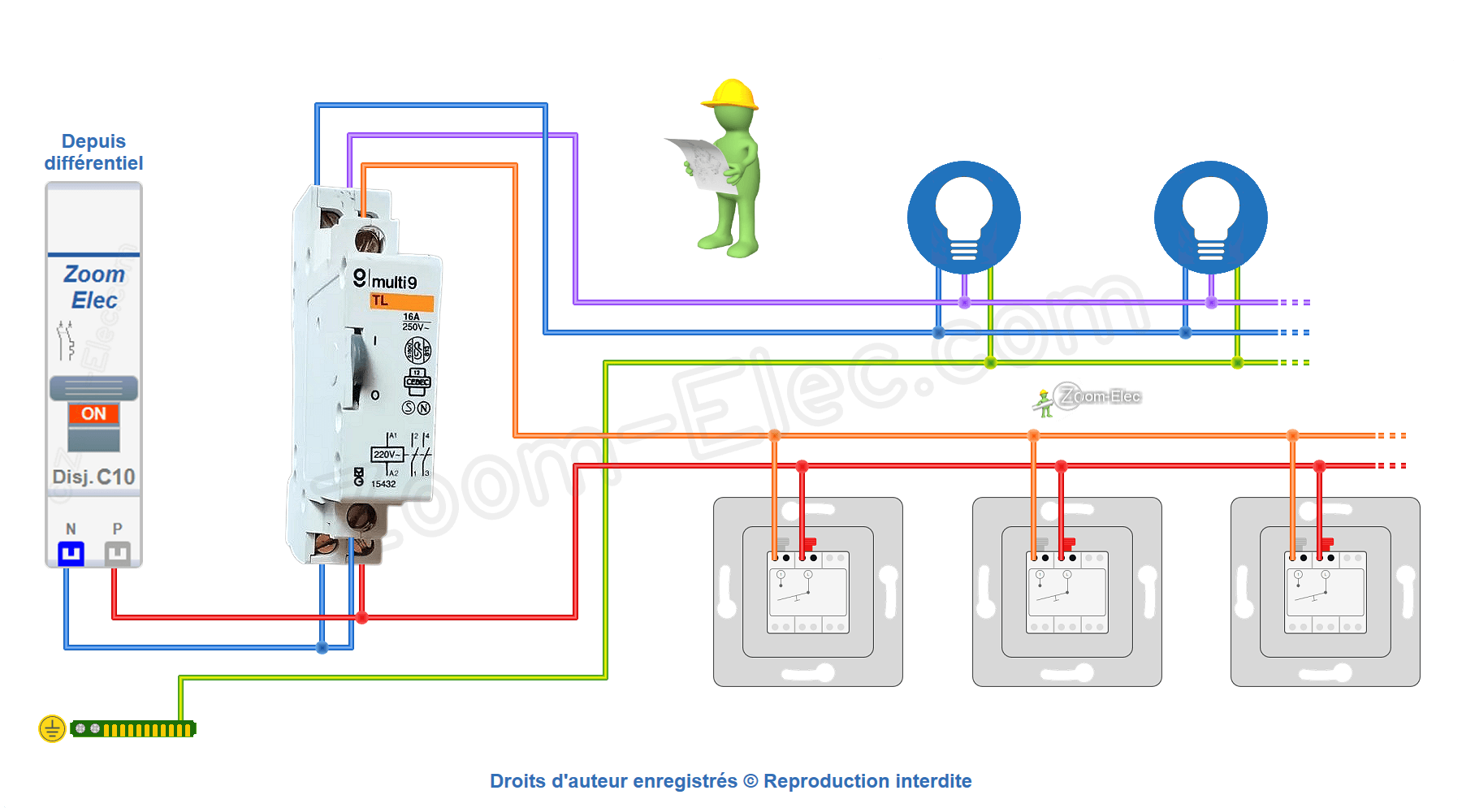 Schéma de câblage et branchement du télérupteur Merlin Gerin Multi9 15432