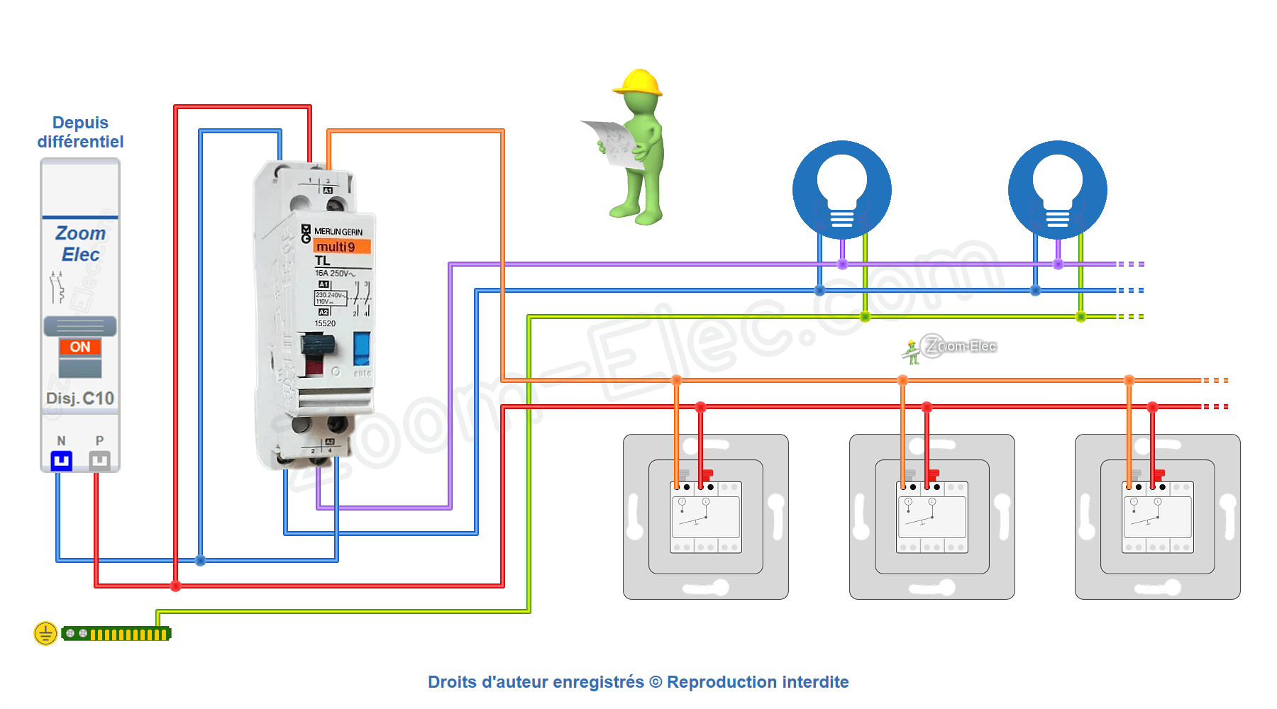 Schéma de câblage et branchement du télérupteur Merlin Gerin Multi9 15520