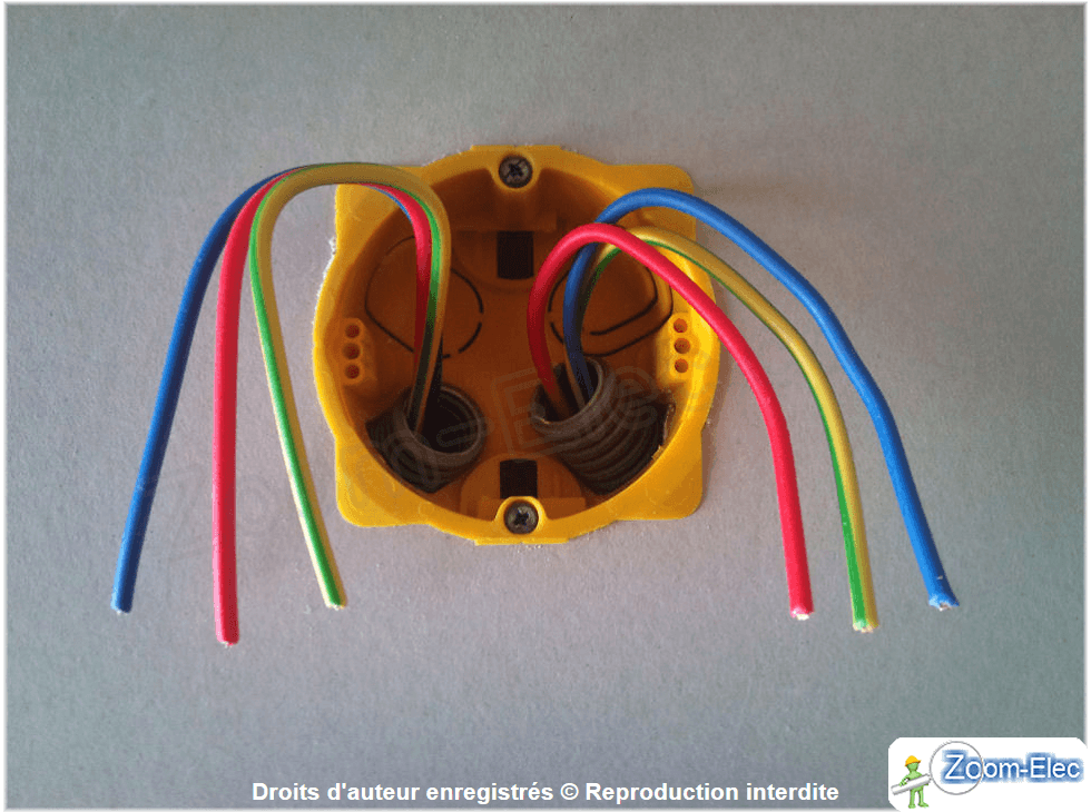 Boîtier de prise électrique avec fils d’alimentation et de repiquage avant branchement