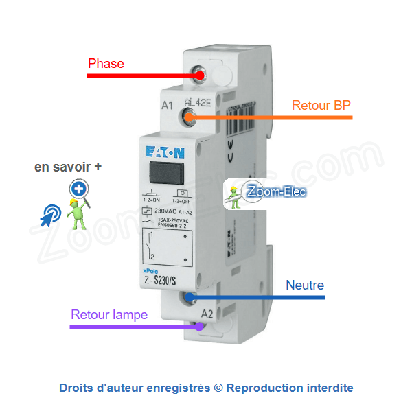 Cablage et branchement d'un telerupteur Eaton