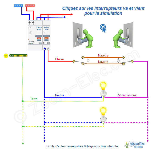 Càblage d'un va et vient lumineux sans neutre Càblage d'un va et vient lumineux sans neutre
