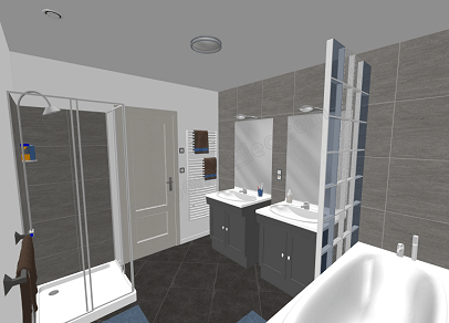 Schéma d'installation électrique d'une salle de bain avec prises, éclairage et volumes de sécurité