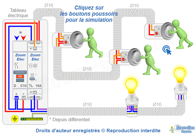 Montage du câblage d'un télérupteur et boutons poussoirs