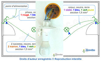 Raccordement du DCL de la 1e lampe avec repiquage vers le 2e DCL