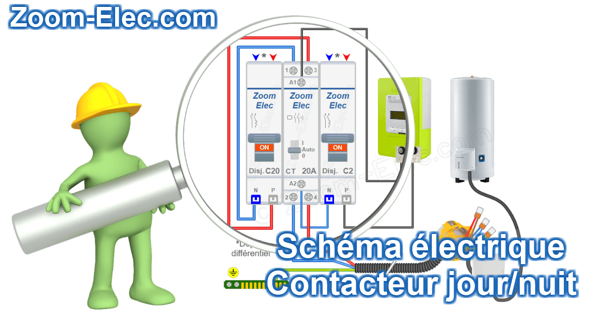 Schéma du circuit électrique d'un contacteur jour-nuit ou heures creuses pour chauffe-eau ou ballon d'eau chaude