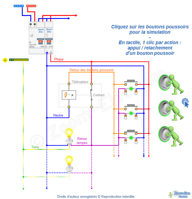 Schéma électrique d'un télérupteur avec bouton poussoir à voyant témoin