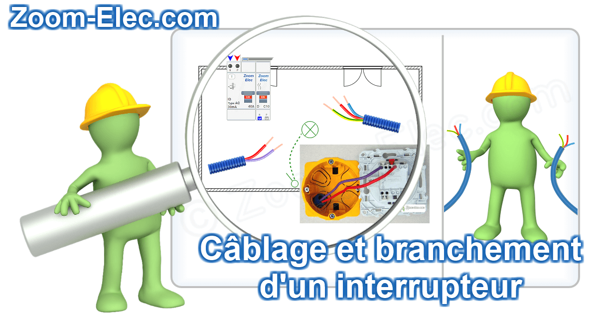 Zoom sur le câblage d’un interrupteur simple allumage et les étapes de raccordement de la phase et du retour lampe.