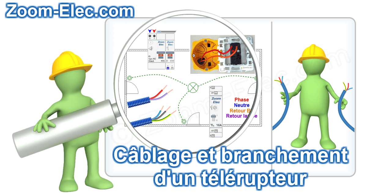 Zoom sur le câblage d’un télérupteur et les étapes de raccordement de l’alimentation, du circuit de commande par boutons poussoirs et du retour lampe.