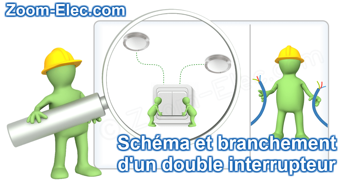 Zoom sur le schéma de câblage interactif et le branchement d’un interrupteur double allumage pour commander deux points lumineux distincts.