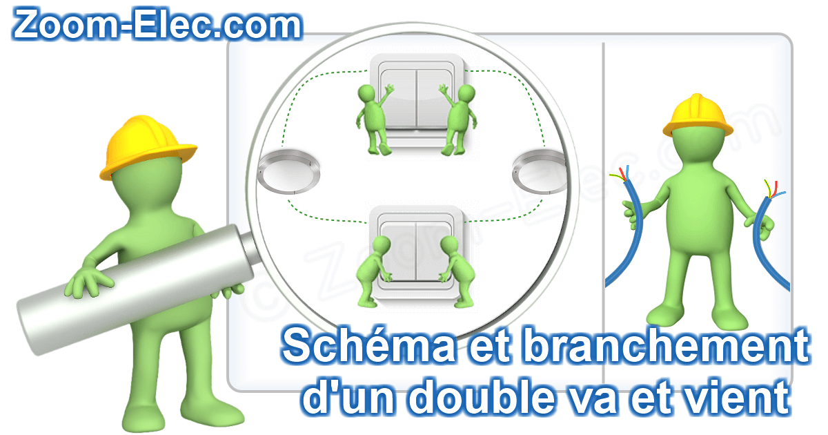 Zoom sur le schéma de câblage interactif de branchement d’un double va-et-vient permettant de commander deux circuits d’éclairage depuis un seul appareillage.