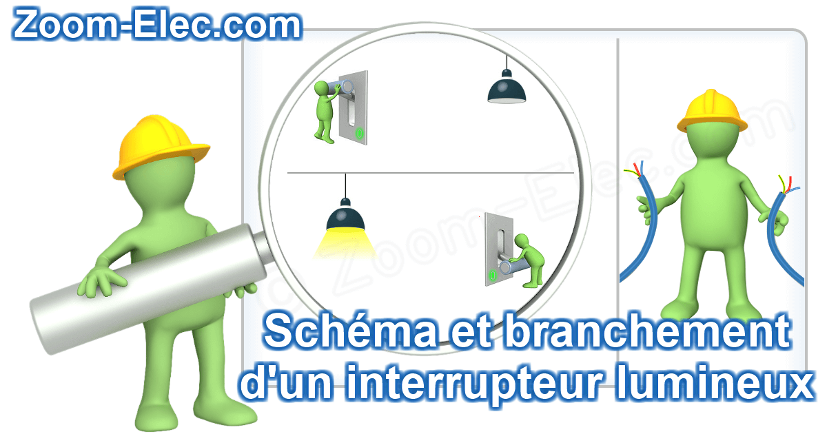 Zoom sur le schéma électrique interactif et le branchement d’un interrupteur à voyant lumineux permanent, toujours allumé.
