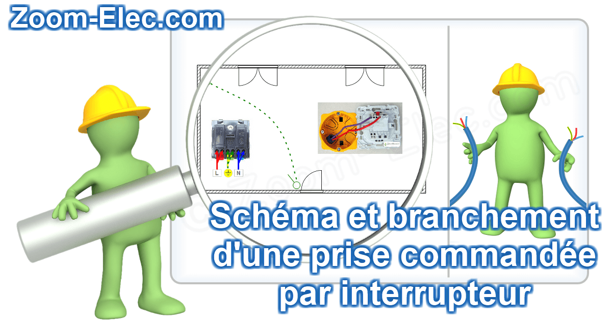 Zoom sur le schéma électrique interactif et le branchement d’une prise commandée par interrupteur dans un circuit électrique domestique.