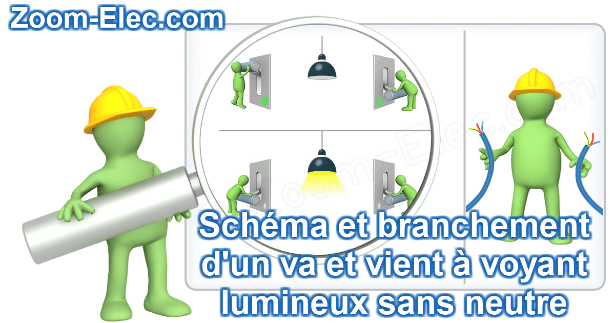 Zoom sur le schéma interactif de branchement d’un va-et-vient lumineux sans neutre, montrant le raccordement des navettes et du voyant intégré sans conducteur neutre.
