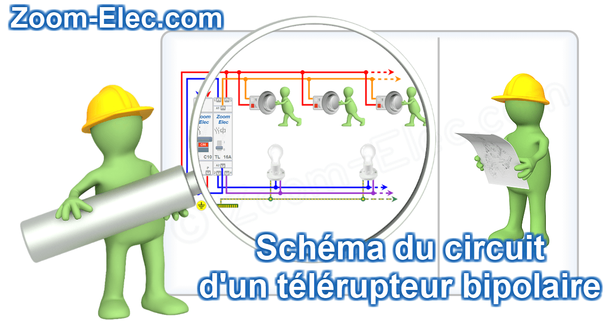 Zoom sur le schéma électrique interactif d’un télérupteur bipolaire (2P) montrant la coupure simultanée de la phase et du neutre ainsi que le circuit de commande.