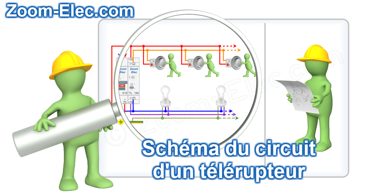 Zoom sur le schéma électrique interactif d’un télérupteur avec repérage de la phase, du neutre, du retour lampe et du circuit de commande par boutons poussoirs.