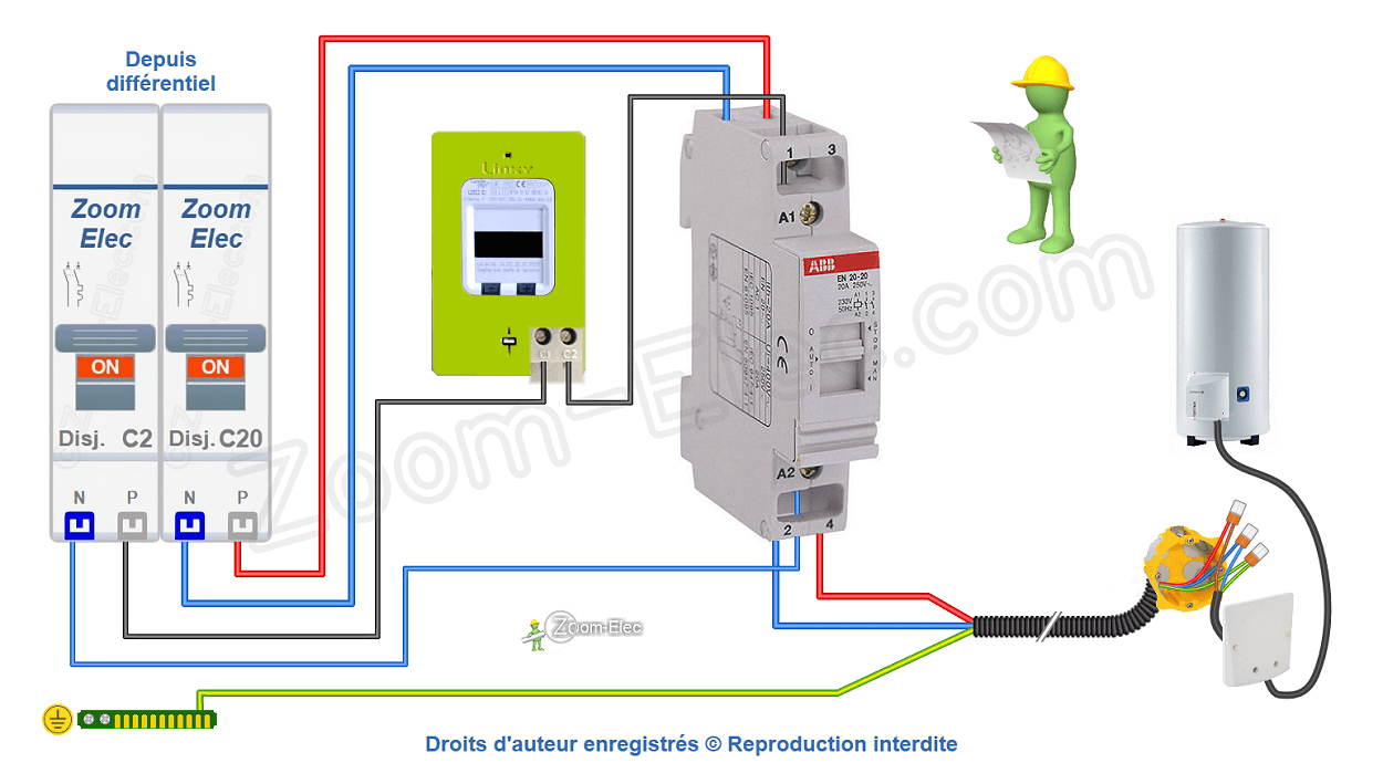 Comment brancher un contacteur jour nuit ou heures creuses ABB EN 20-20 ou 026506 ?
