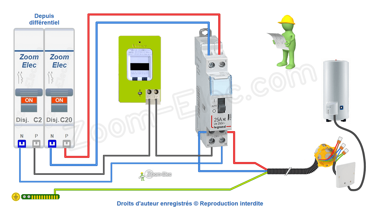 Comment brancher un contacteur jour nuit ou heures creuses Legrand 412501 ?