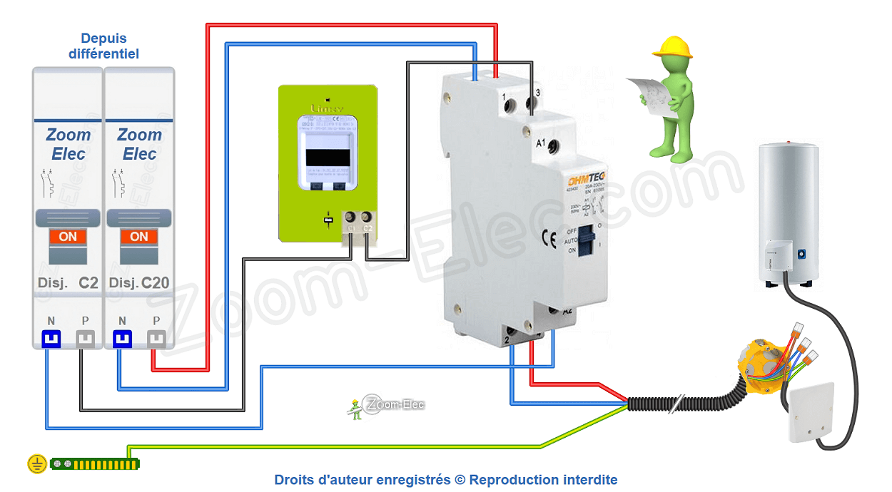 Comment brancher un contacteur jour nuit ou heures creuses Ohmtec 423422 ?
