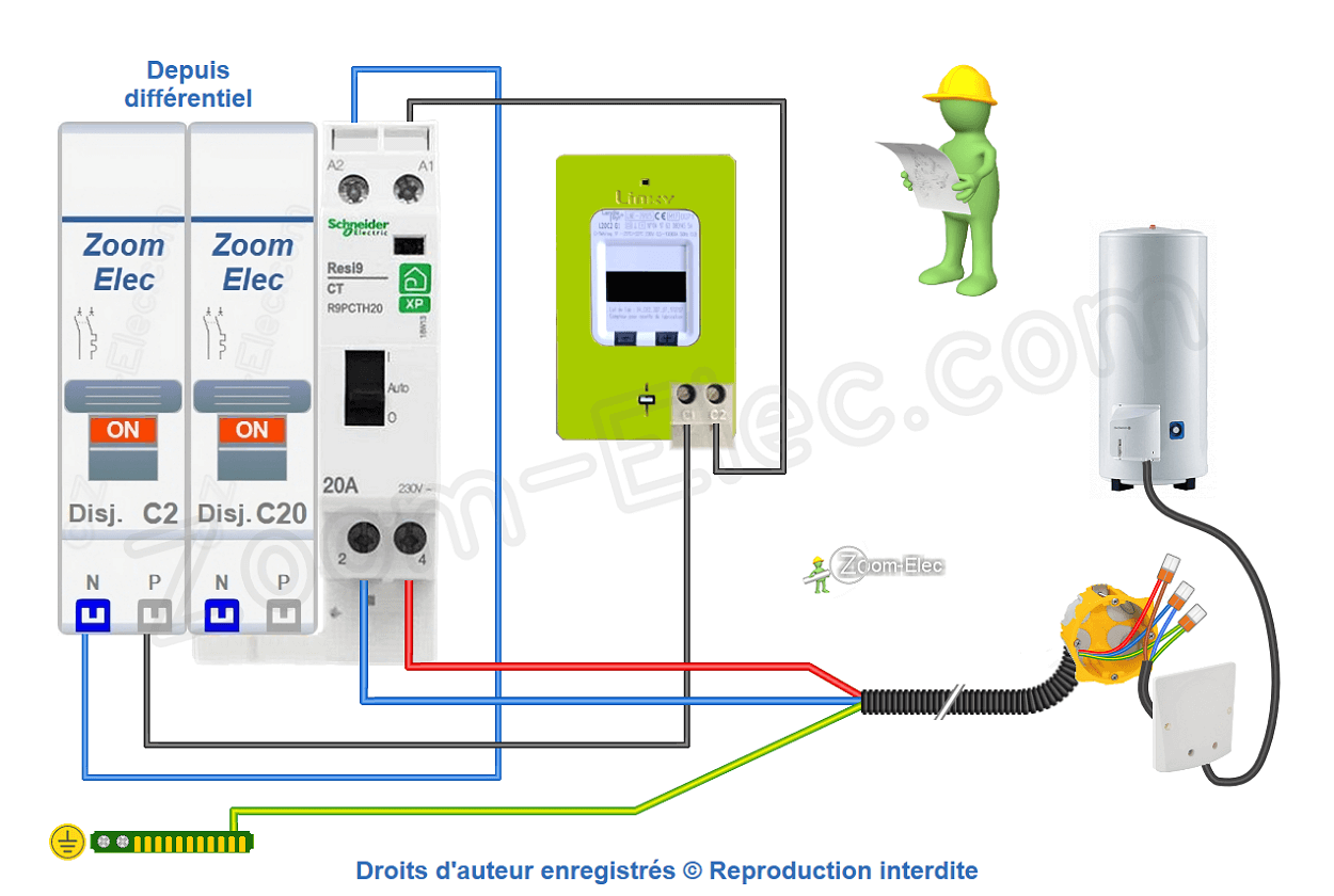 Comment brancher un contacteur jour nuit ou heures creuses Schneider Resi9 R9PTCH20 ?