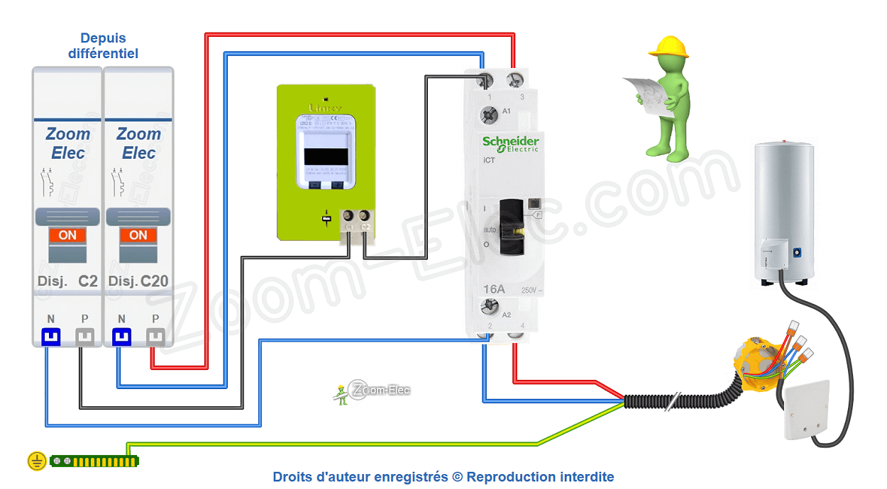 Comment brancher un contacteur jour nuit ou heures creuses Schneider iCT Acti9 A9C23712 ?