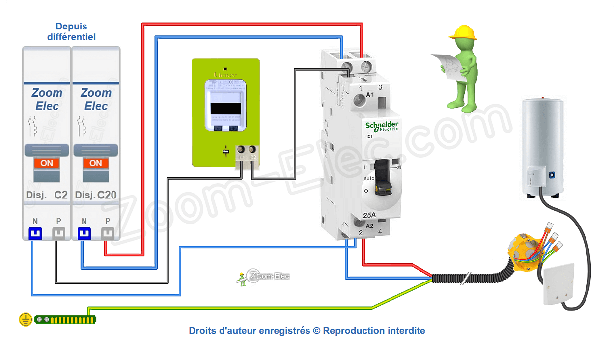 Comment brancher un contacteur jour nuit ou heures creuses Schneider iCT Acti9 A9C25732 ?
