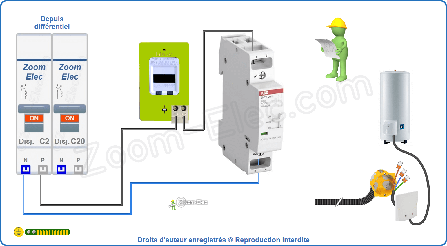 Montage du circuit de commande du contacteur jour nuit ou heures creuses ABB EN20-20N