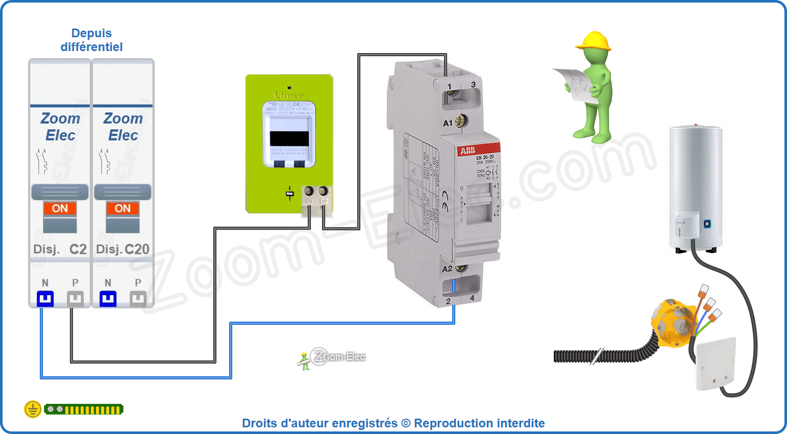 Montage du circuit de commande du contacteur jour nuit ou heures creuses ABB EN 20-20 ou 026506