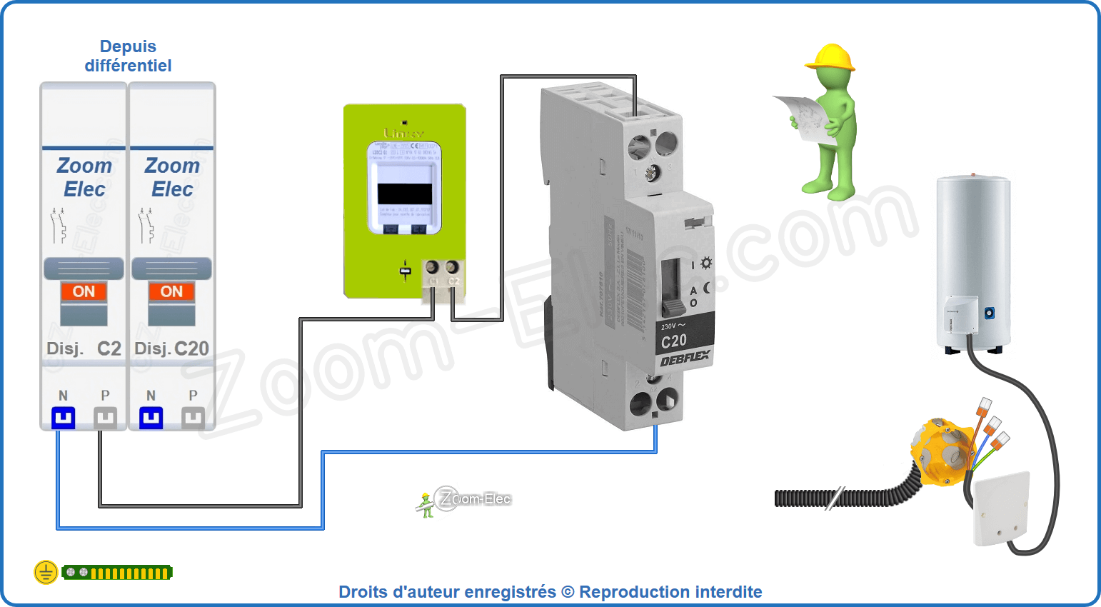 Montage du circuit de commande du contacteur jour nuit ou heures creuses Debflex 707810