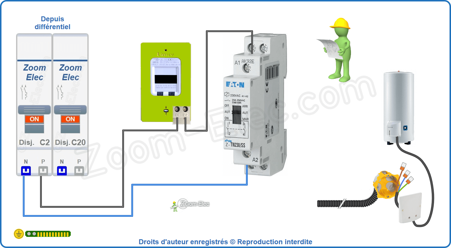 Montage du circuit de commande du contacteur jour nuit ou heures creuses Eaton Z-TN230/SS