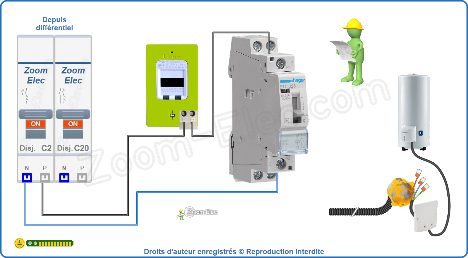 Montage du circuit de commande du contacteur jour nuit ou heures creuses Hager ETC 225