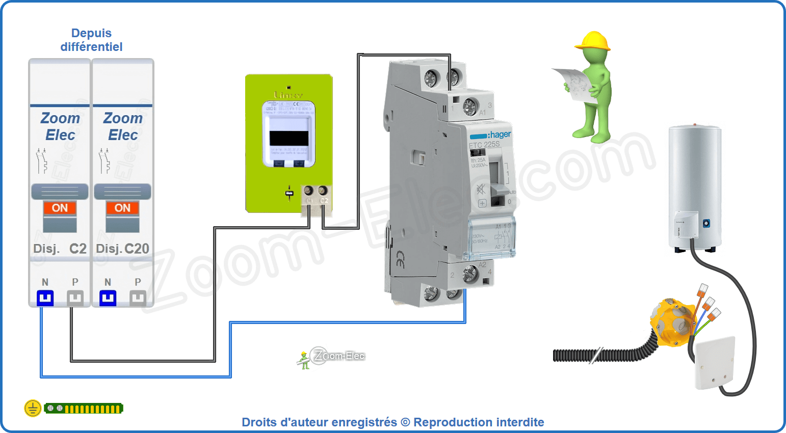 Montage du circuit de commande du contacteur jour nuit ou heures creuses Hager ETC 225S