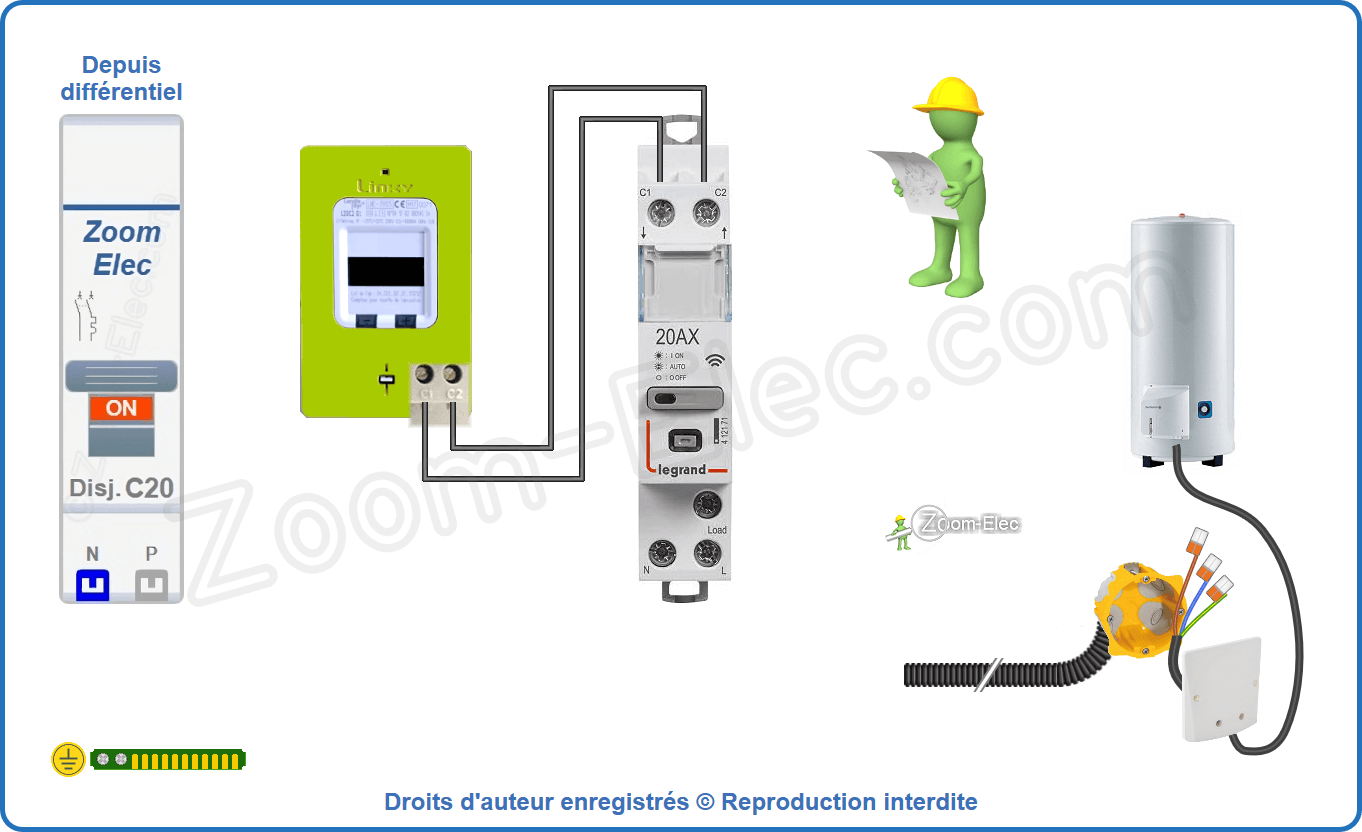 Montage du circuit de commande du contacteur jour nuit ou heures creuses Legrand 412171 - 199122