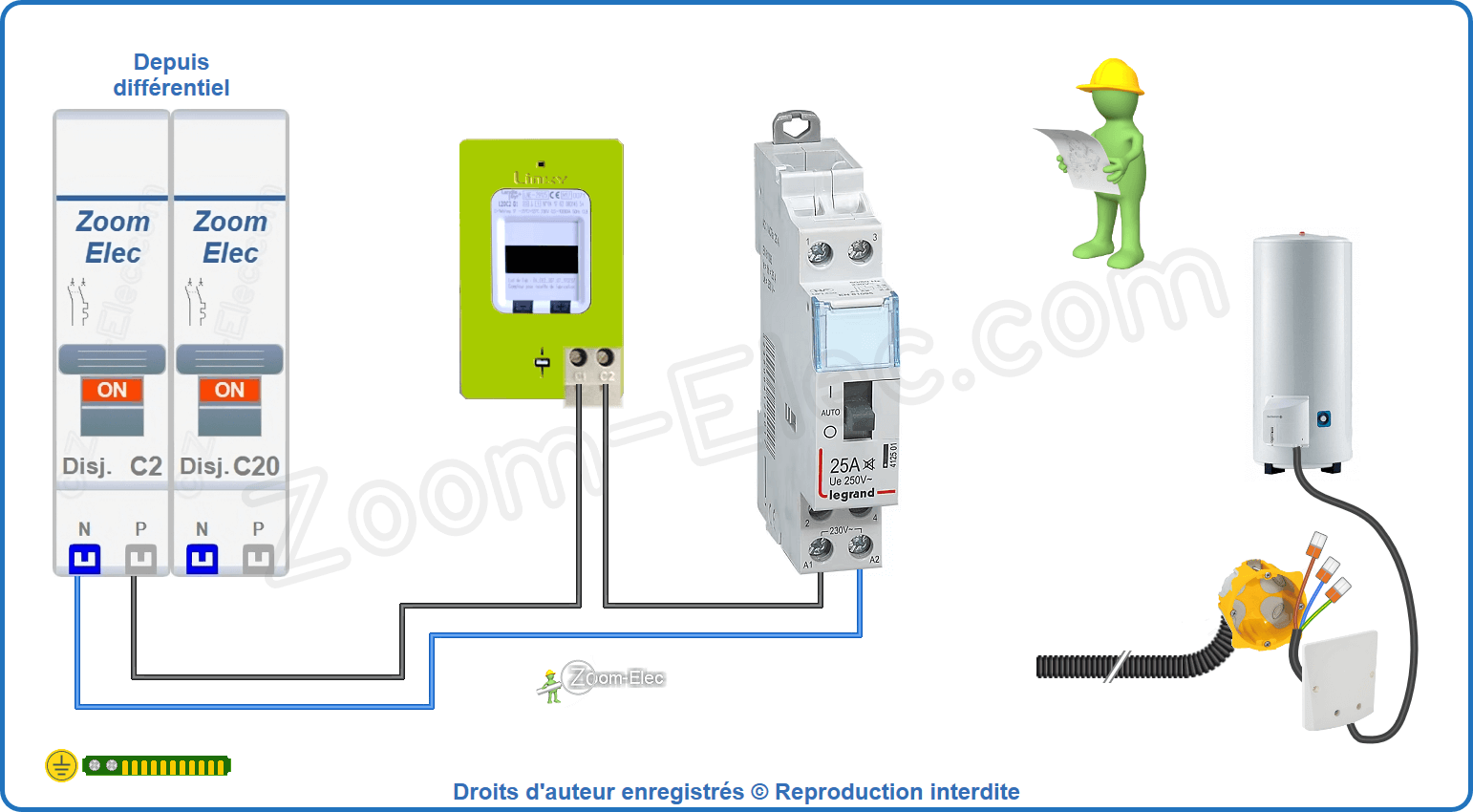 Montage du circuit de commande du contacteur jour nuit ou heures creuses Legrand 412501