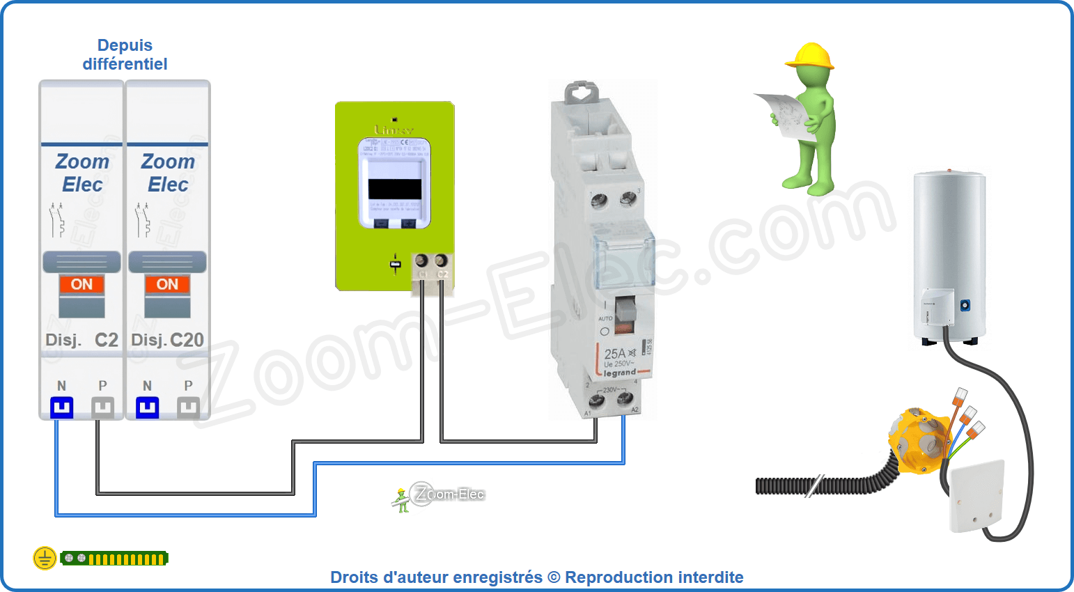 Montage du circuit de commande du contacteur jour nuit ou heures creuses Legrand 412558