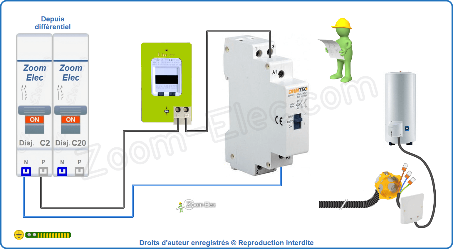 Montage du circuit de commande du contacteur jour nuit ou heures creuses Ohmtec 423422