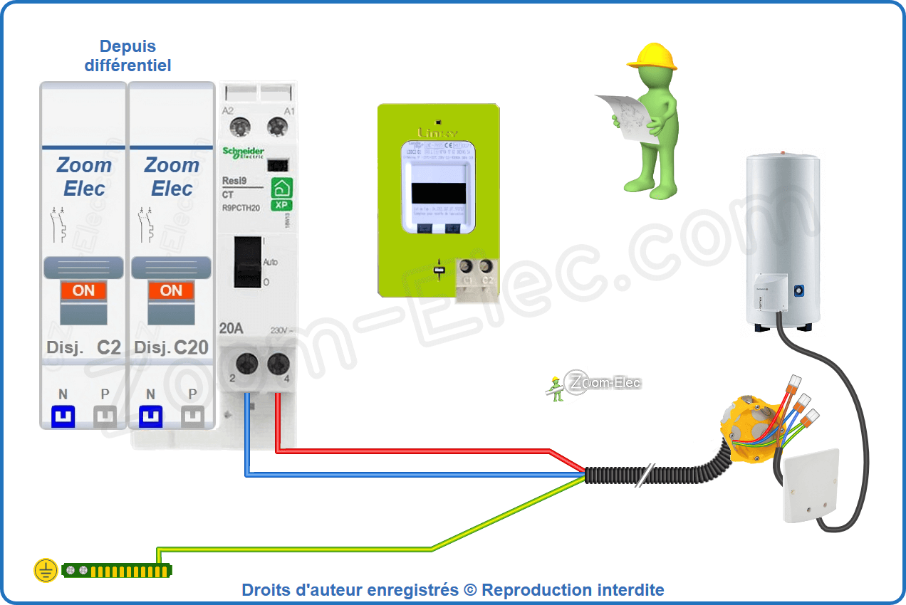 Montage du circuit de commande du contacteur jour nuit ou heures creuses Schneider Resi9 R9PTCH20