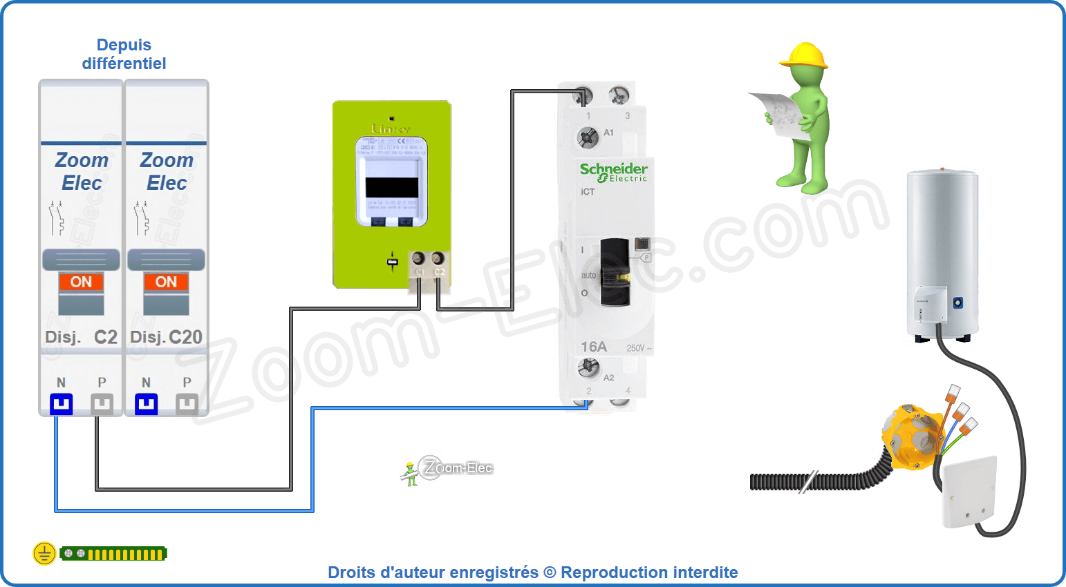 Montage du circuit de commande du contacteur jour nuit ou heures creuses Schneider iCT Acti9 A9C23712