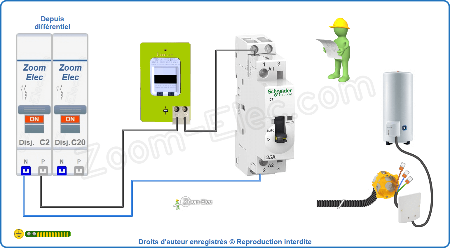 Montage du circuit de commande du contacteur jour nuit ou heures creuses Schneider iCT Acti9 A9C25732