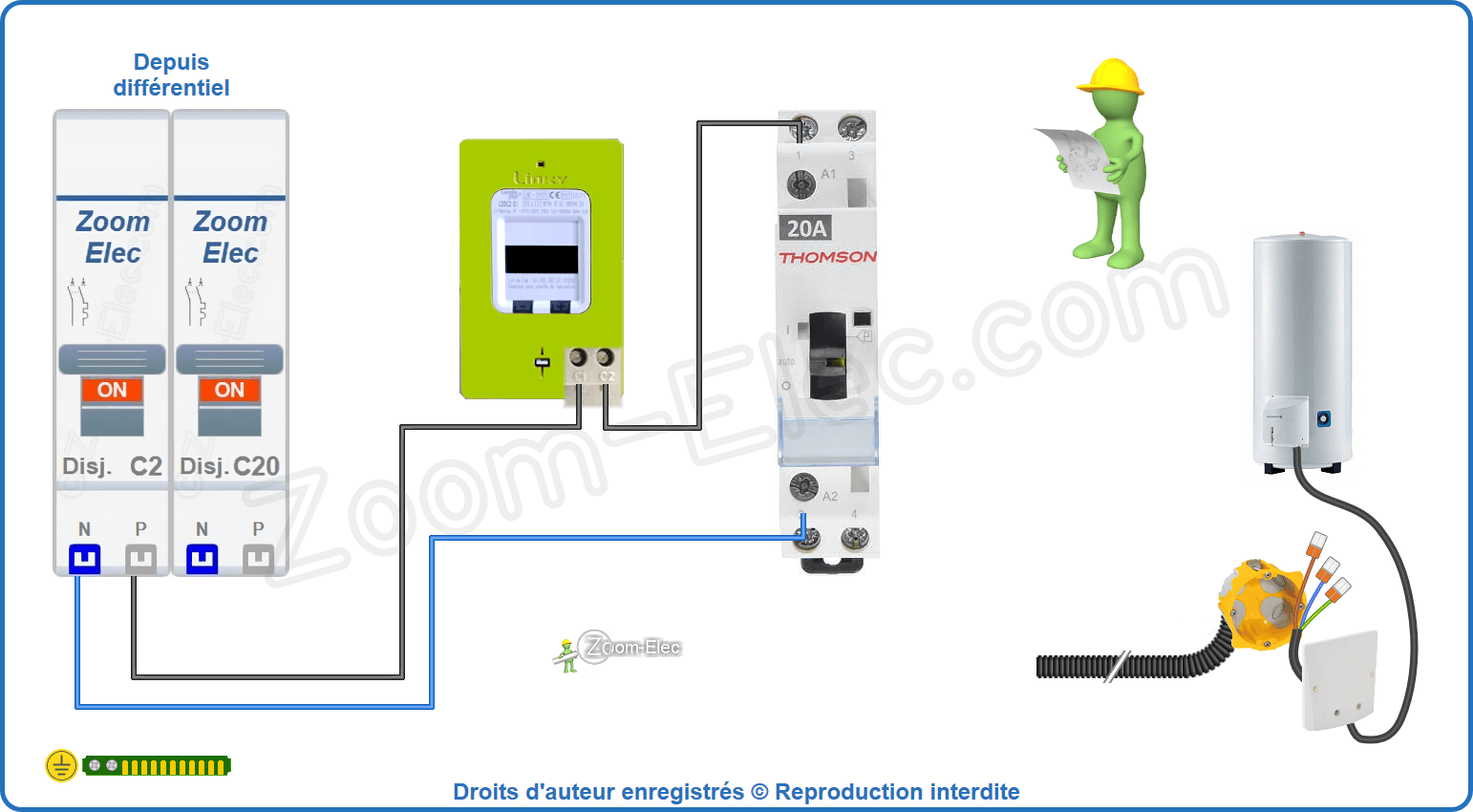 Montage du circuit de commande du contacteur jour nuit ou heures creuses Thomson 150540