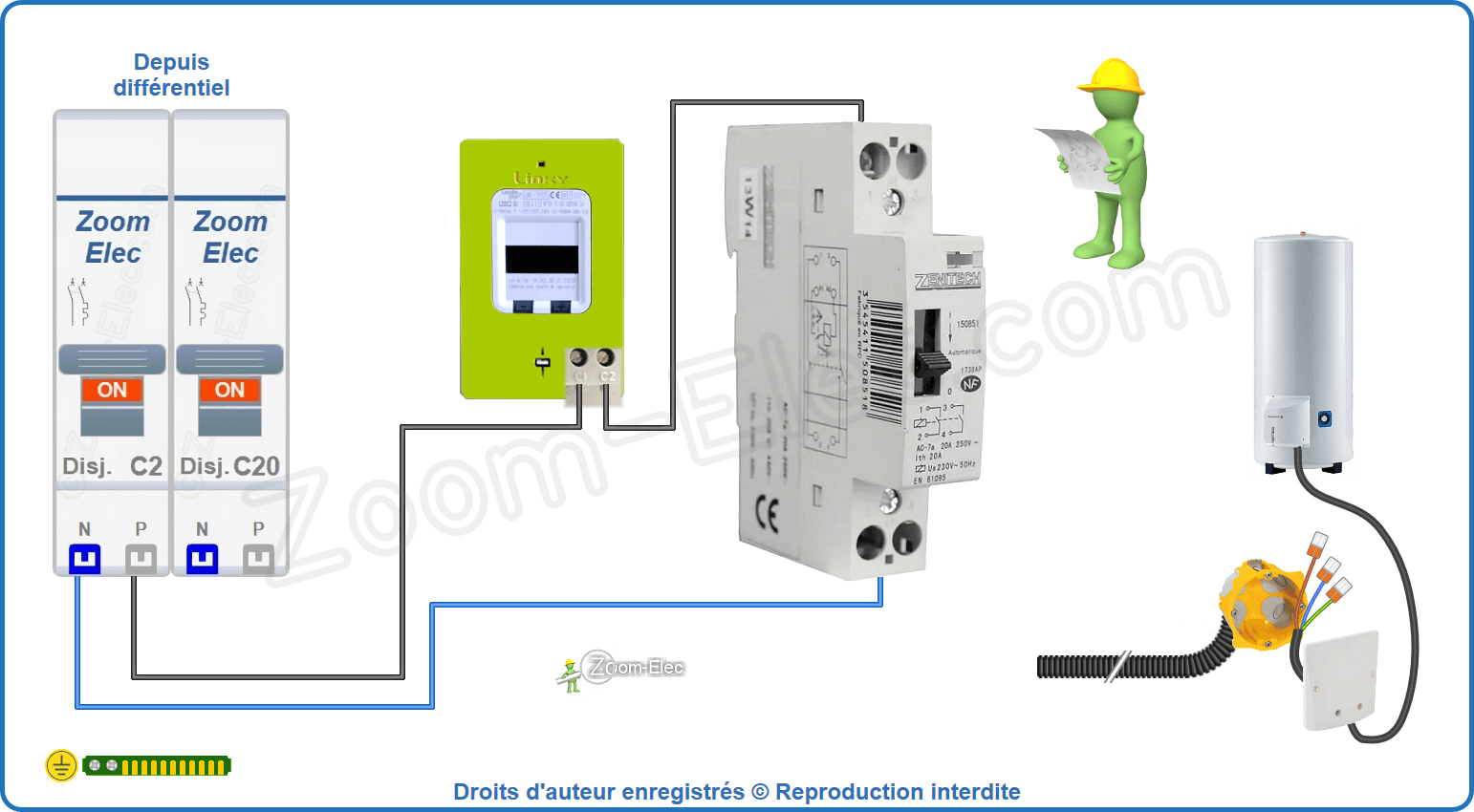 Montage du circuit de commande du contacteur jour nuit ou heures creuses Zenitech 150851