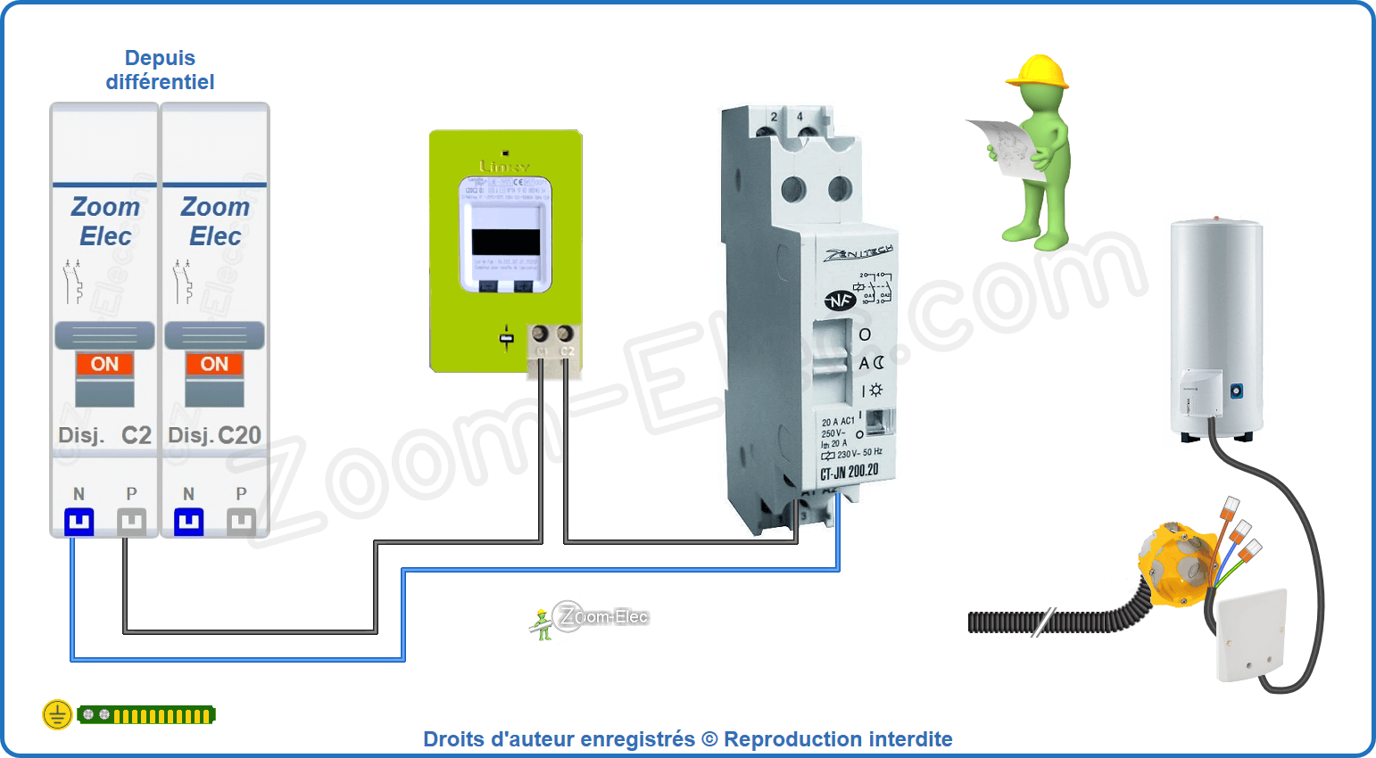 Montage du circuit de commande du contacteur jour nuit ou heures creuses Zenitech 200.20