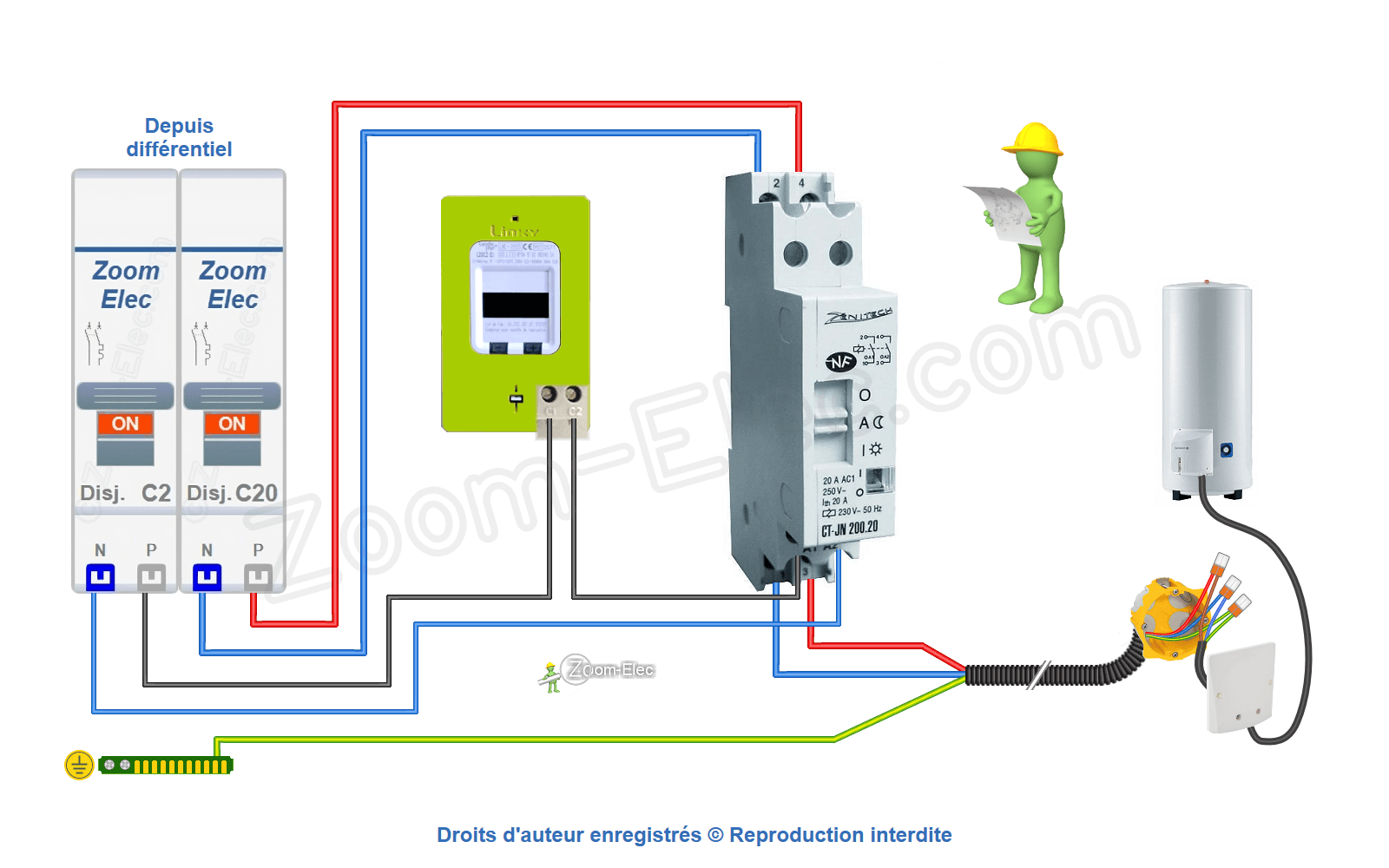 Schéma de câblage et branchement du contacteur jour nuit ou heures creuses Debflex Zenitech 200.20